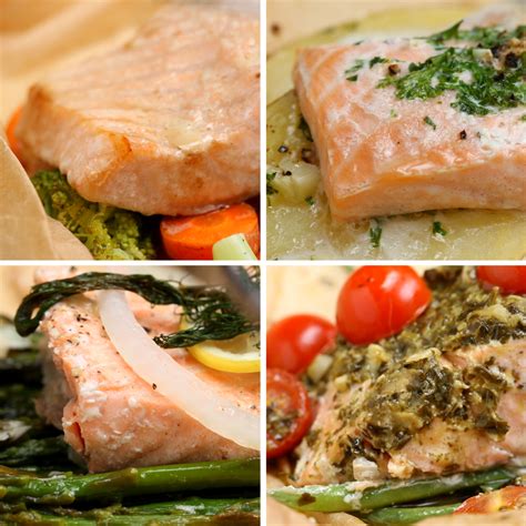 parchment-baked-salmon-4-ways-recipes-tasty image