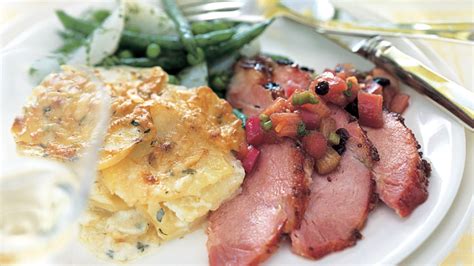 baked-ham-with-mustard-red-currant-glaze-and-rhubarb image