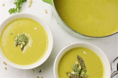 spring-asparagus-pea-zucchini-soup-with-pesto image