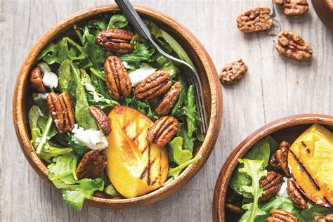 grilled-peach-salad-with-crunchy-spiced-pecans-dairy image