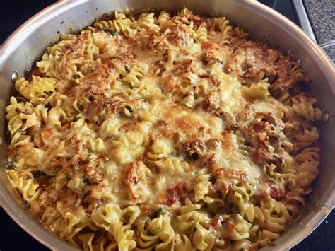baked-skillet-pasta-with-cheddar-and-fried-onions image
