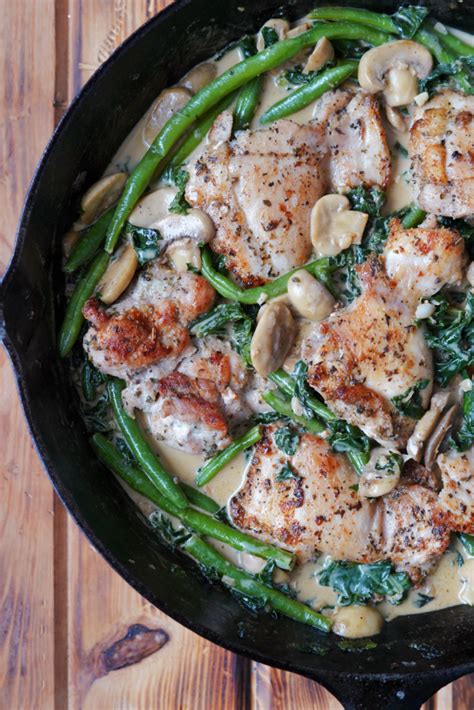 skillet-chicken-and-kale-with-garlic-mushroom-sauce image