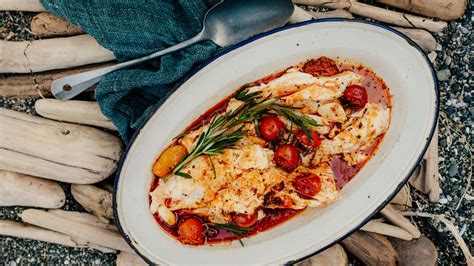 halibut-with-spicy-sausage-tomatoes-and-rosemary image