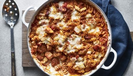 easy-chicken-and-chorizo-pasta-bake-recipe-bbc-food image