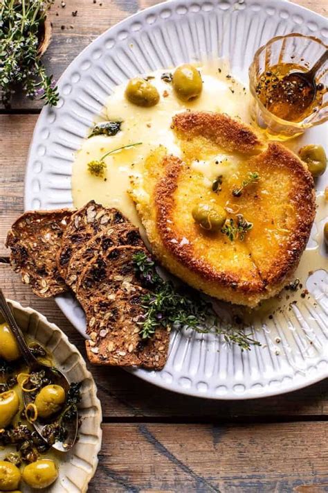 pan-fried-brie-with-peppered-honey-and-olives image