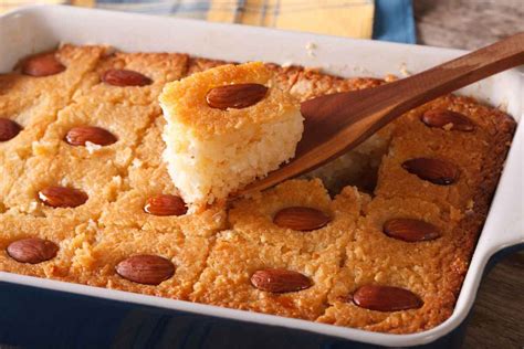 egyptian-basbousa-cake-with-almonds-recipe-arab image