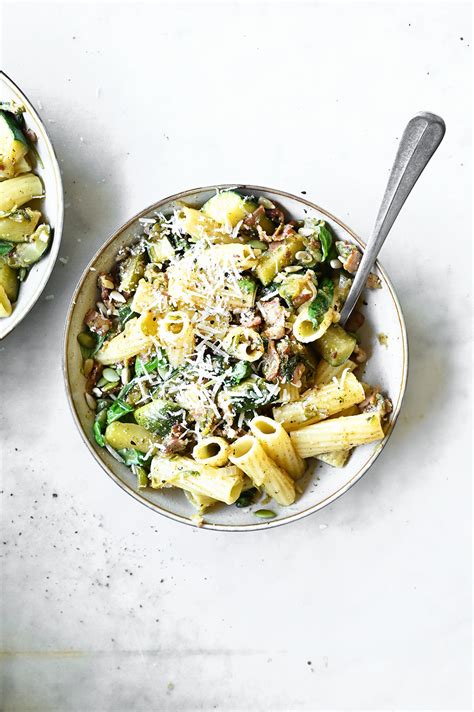 zucchini-and-bacon-pasta-with-basil-serving-dumplings image