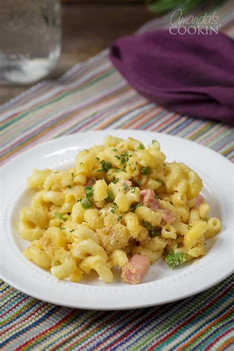 macaroni-and-cheese-casserole-with-ham-and-peas image