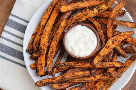 spicy-air-fryer-sweet-potato-fries-creamy-chili-lime-dip image