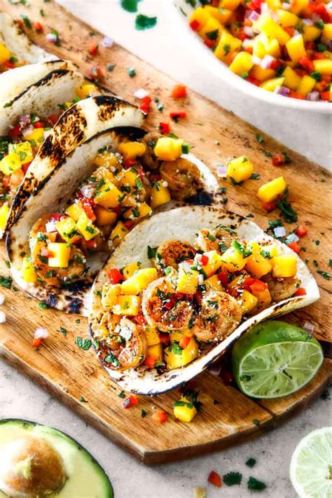 cilantro-lime-shrimp-tacos-with-mango-salsa-prep image