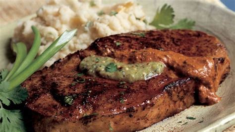 pan-fried-steaks-with-salsa-verde-and-ancho-chili-sauce image