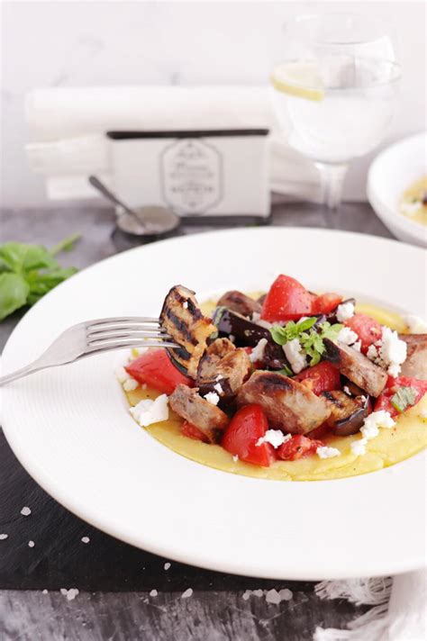 grilled-sausage-eggplant-tomatoes-with-polenta image