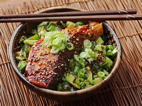 easy-teriyaki-glazed-salmon-cucumber-and-avocado-rice-bowls image