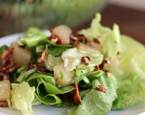 poached-pear-bacon-pecan-butter-lettuce-salad image