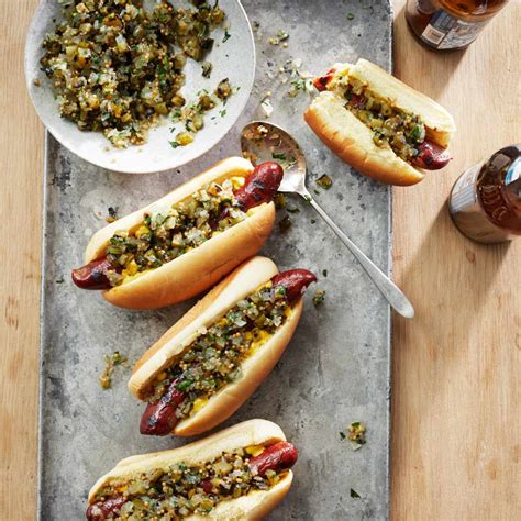 hot-dogs-with-grilled-pickle-relish-recipe-justin image