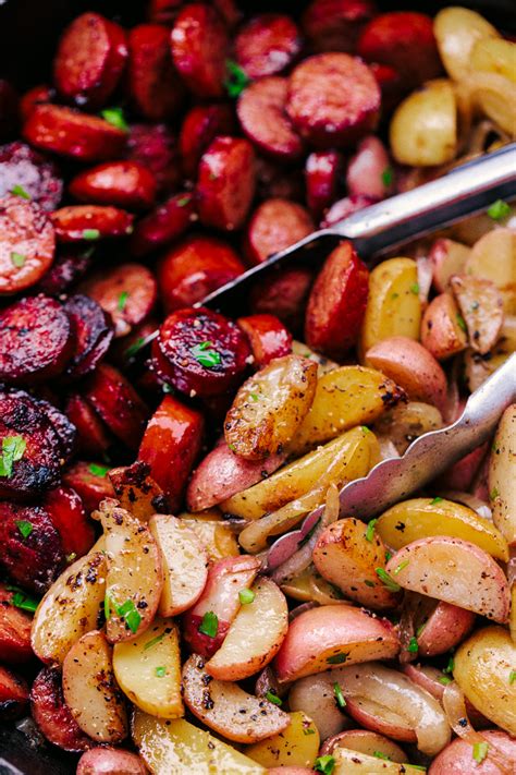 garlic-butter-potatoes-and-sausage-skillet-the-food image