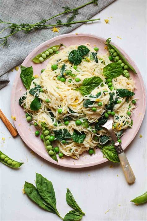 creamy-vegan-lemon-pasta-with-fresh-peas-and-spinach image