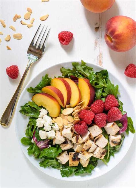 peach-salad-with-grilled-chicken-and-raspberries image