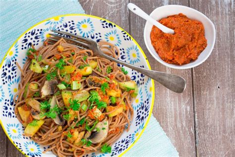red-bell-pepper-almond-pesto-with-spaghetti-vegan image