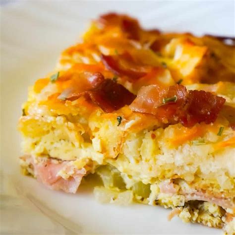 bagel-breakfast-casserole-with-eggs-ham-and-bacon image
