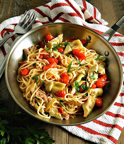 pasta-with-tuna-tomatoes-artichokes-frugal-hausfrau image