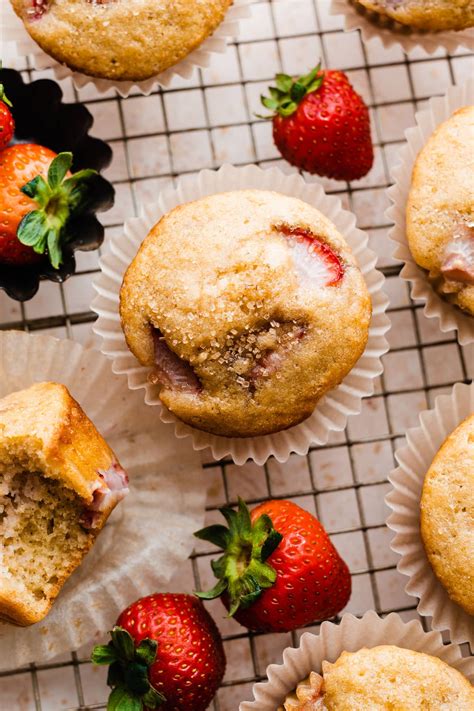 yogurt-muffins-with-fresh-strawberries-wellplatedcom image