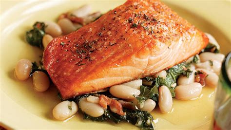 broiled-salmon-with-a-white-bean-kale-bacon image