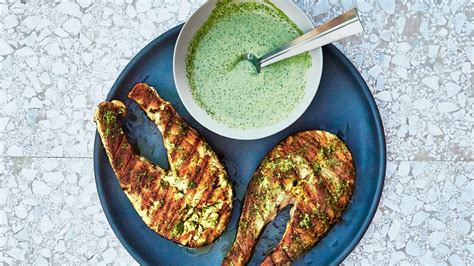 grilled-salmon-steaks-with-cilantro-and-garlic-yogurt image