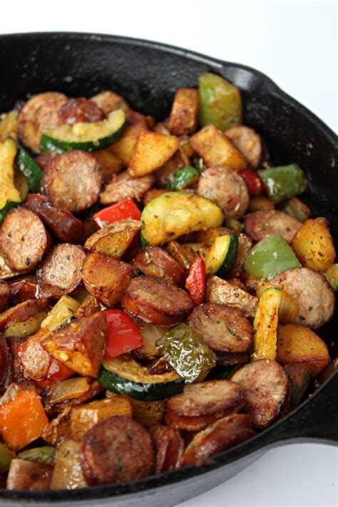 chicken-sausage-and-vegetable-skillet-love-to-be-in-the image