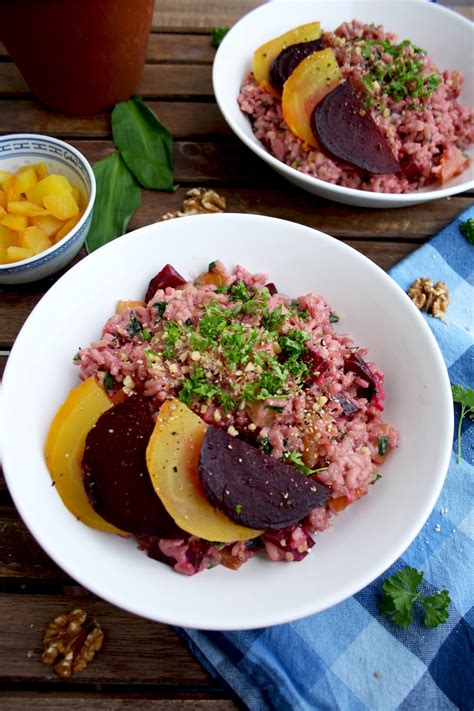 beetroot-risotto-with-goat-cheese-wild-garlic-and-walnuts image