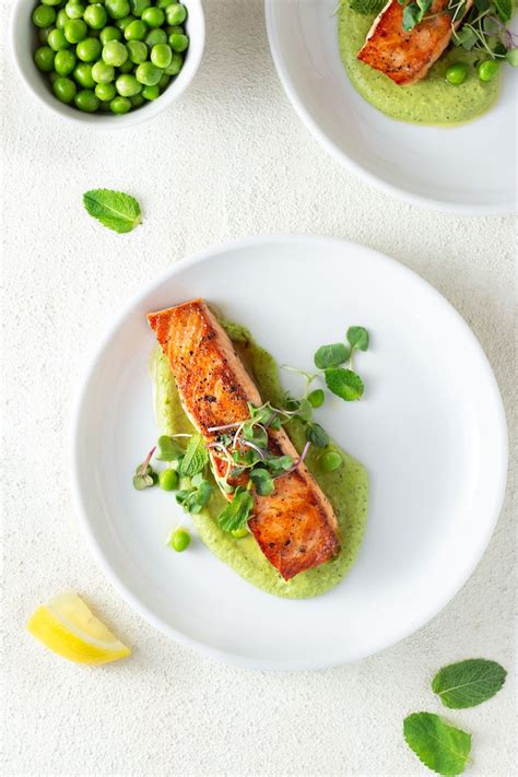 seared-salmon-and-pea-puree-with-yogurt-mint image
