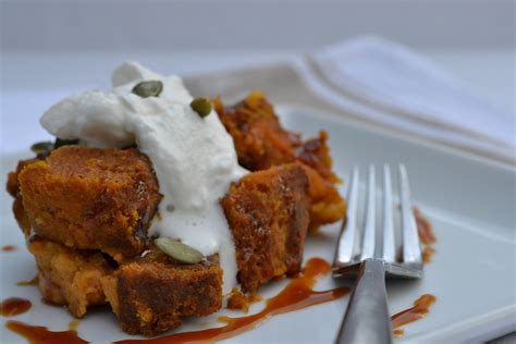 pumpkin-bread-pudding-with-spicy-caramel-sauce image