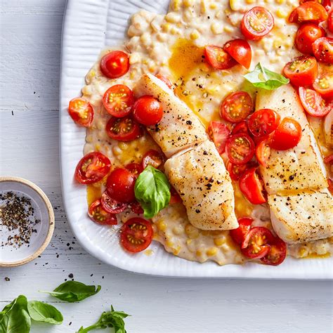 pan-seared-halibut-with-creamed-corn-tomatoes image
