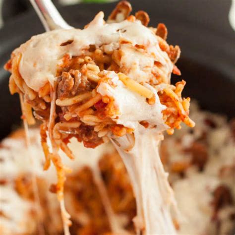 crock-pot-spaghetti-casserole-recipe-cheesy image
