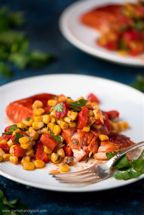 baked-salmon-with-corn-red-pepper-relish-garnish image