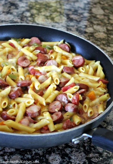 one-pot-cheesy-smoked-sausage-pasta-love-to-be-in image