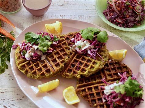 falafel-waffles-with-creamy-lemon-yogurt-slaw-food image