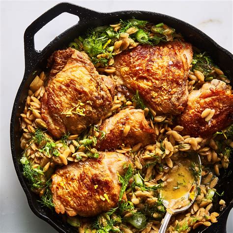 one-skillet-chicken-with-buttery-orzo-recipe-bon-apptit image
