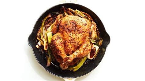 cast-iron-roast-chicken-with-caramelized-leeks-recipe-bon image
