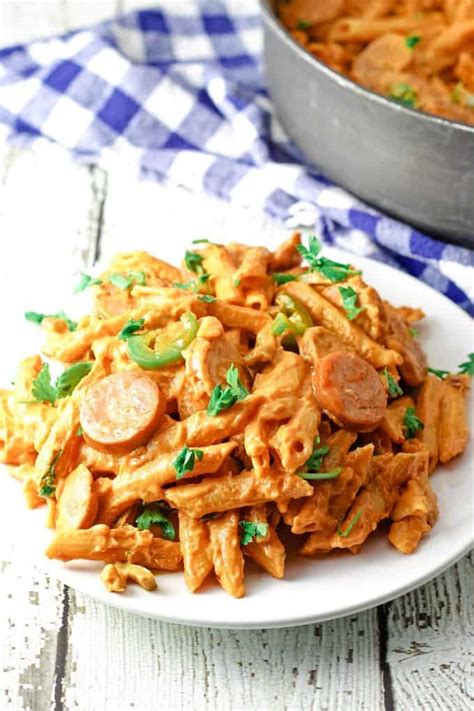 one-pot-spicy-sausage-pasta-skillet-the-thirsty-feast image