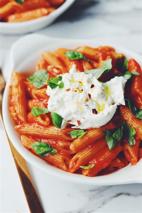 penne-pomodoro-with-basil-and-burrata-grilled-cheese image