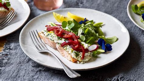salmon-fillets-with-herbs-and-red-pepper-recipe-bbc-food image
