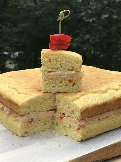 cornbread-layer-cake-with-pimiento-cheese-filling image