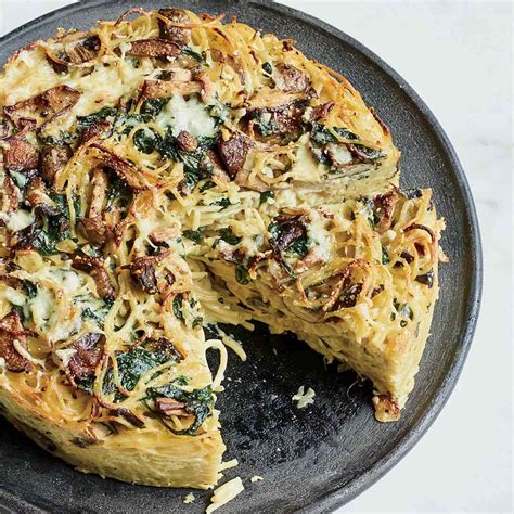 spaghetti-pie-with-wild-mushrooms-and-spinach image