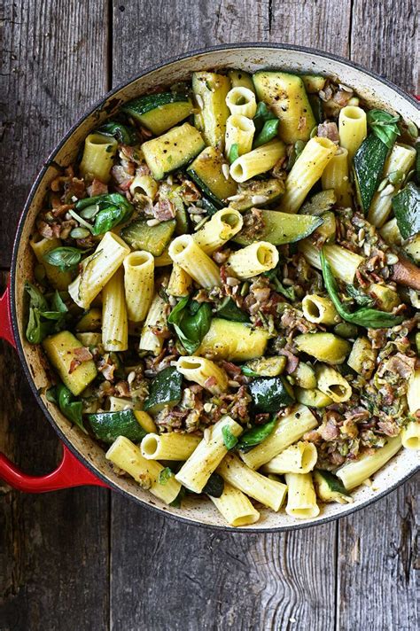 zucchini-and-bacon-pasta-with-basil-serving-dumplings image