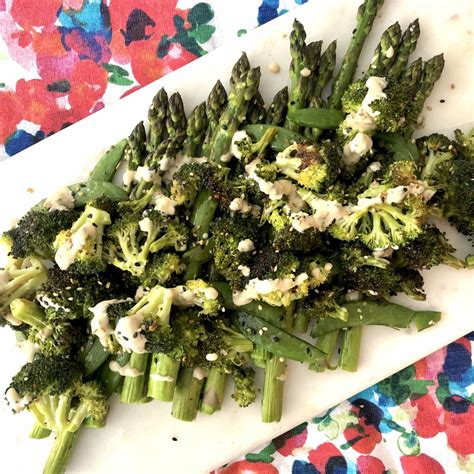 roasted-green-vegetables-with-tahini-miso-sauce image