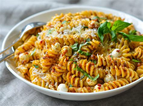 pasta-with-sun-dried-tomato-pesto-and-mozzarella-pearls image