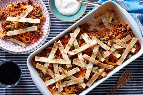 mexican-beef-rice-casserole-with-tortilla-strips image