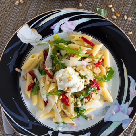 penne-with-arugula-roasted-red-peppers-and-lemon-ricotta image