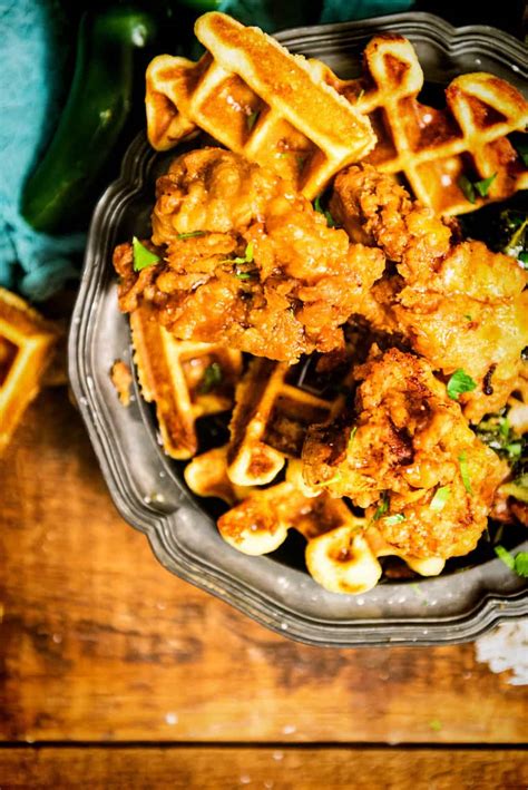 maple-fried-chicken-and-savory-cornbread-waffles image